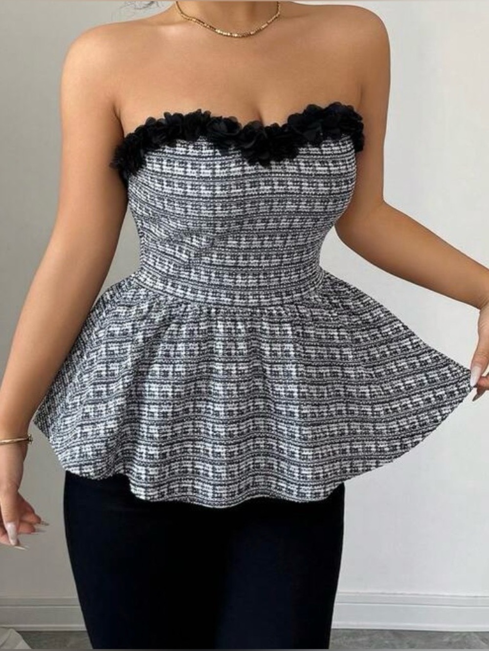 Women’s Tweed Strapless Peplum Top with Floral Trim